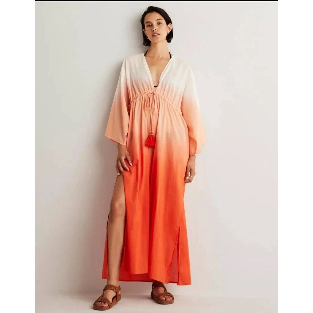 BODEN Maxi Long Empire Kaftan Orange Dip Dye Tassel Kimono Sleeve Dress 10 NWT